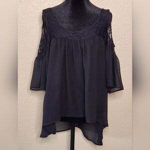 Black Sheer and Rose Lace Blouse with Hanging Angel Sleeves. Size M